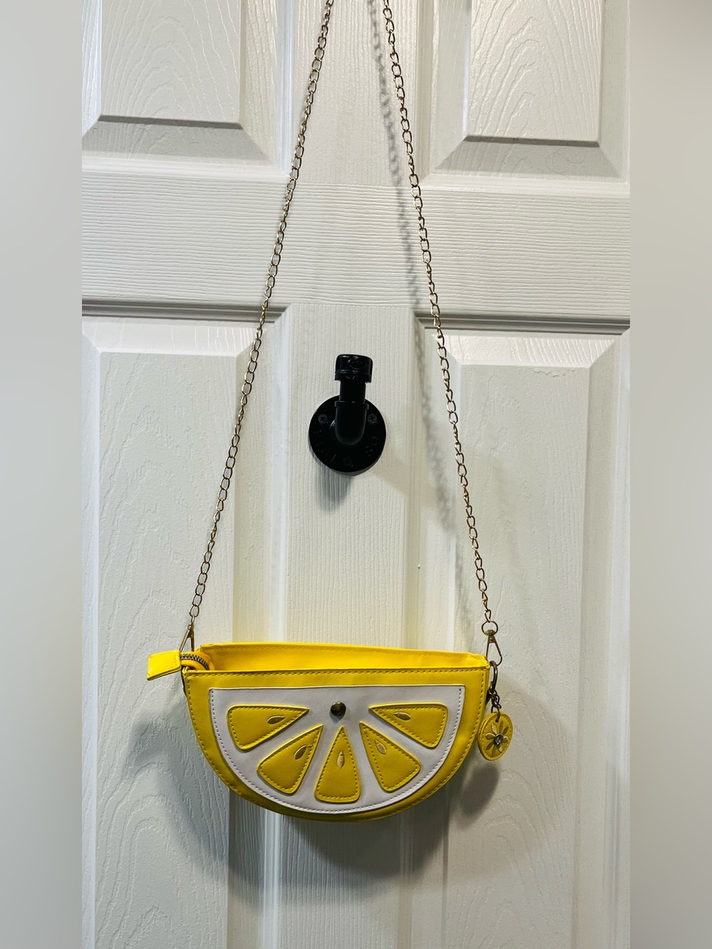 Freie Liebe Yellow Lemon Slice Crossbody Bag with Gold Chain.